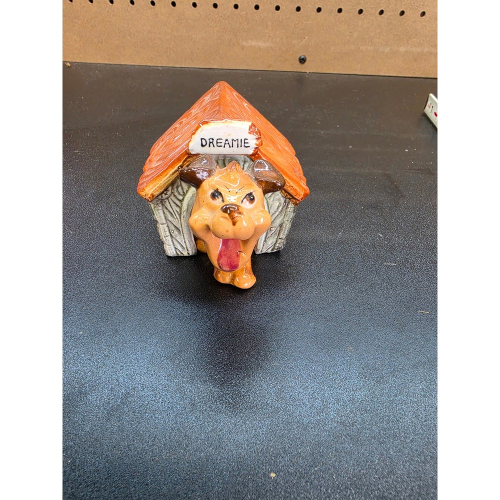 Vintage Ceramic Dog and Doghouse Salt and Pepper Shaker Set Dreamie Beware Dog